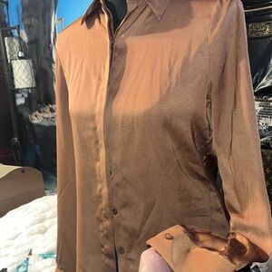 #931| Vintage (XS) a new day ladies Satin Bronze Button (hidden) Up Shirt